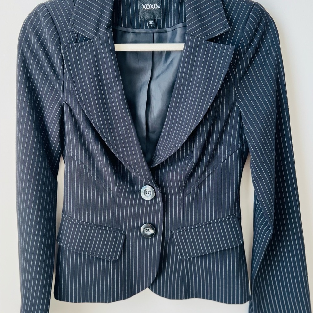 XOXO Women's Navy Pinstripe Blazer